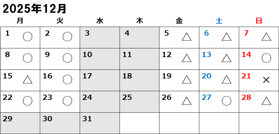 ひろカイロ整体院の予約状況202512(11/25)